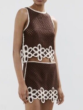 Brown Crochet Flower-Trim Two Piece Set